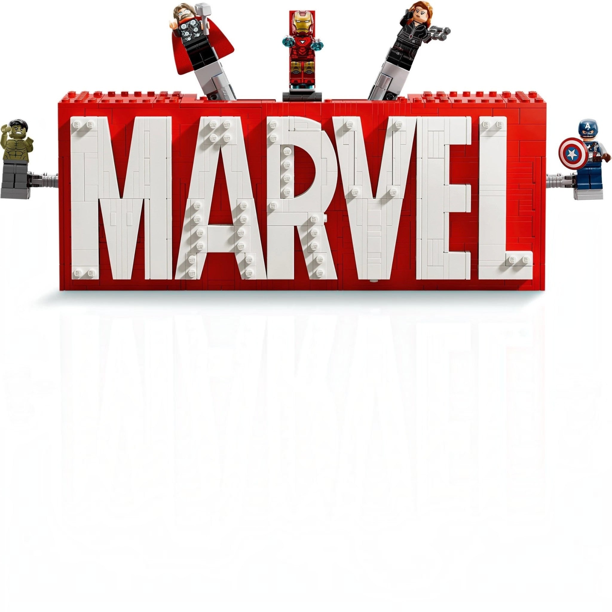 A Brick Apart LEGO Marvel logo display set featuring Hulk, Thor, Iron Man, Black Widow, and Captain America figures.