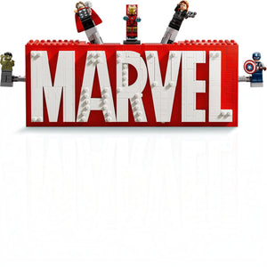 A Brick Apart LEGO Marvel logo display set featuring Hulk, Thor, Iron Man, Black Widow, and Captain America figures.