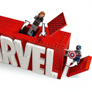 A Brick Apart LEGO Marvel logo set with Black Widow and Captain America minifigures popping out of red brick panels.