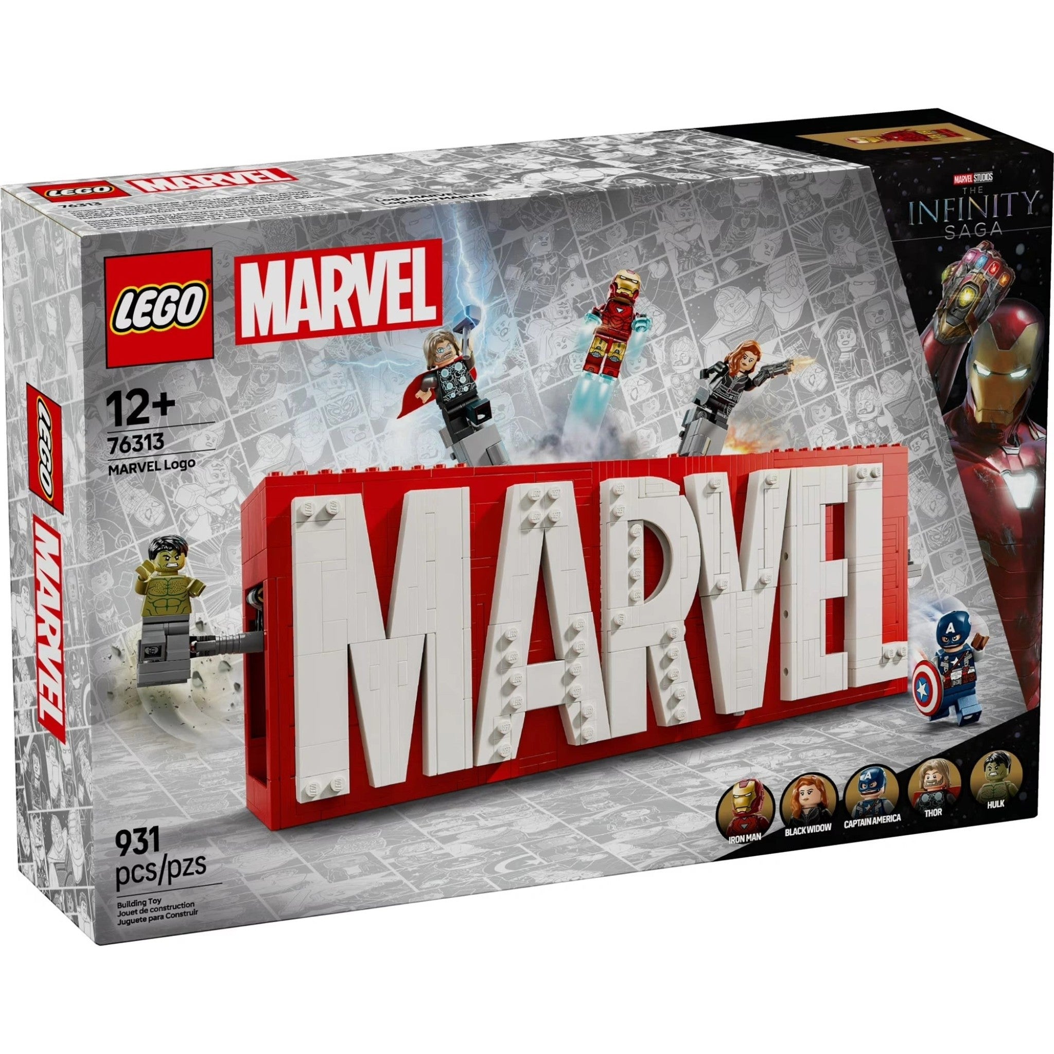 A Brick Apart LEGO Marvel Logo set 76313 featuring red and white brick logo with Hulk, Thor, Iron Man, Black Widow, and Captain America minifigures.