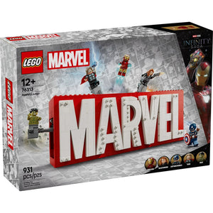A Brick Apart LEGO Marvel Logo set 76313 featuring red and white brick logo with Hulk, Thor, Iron Man, Black Widow, and Captain America minifigures.