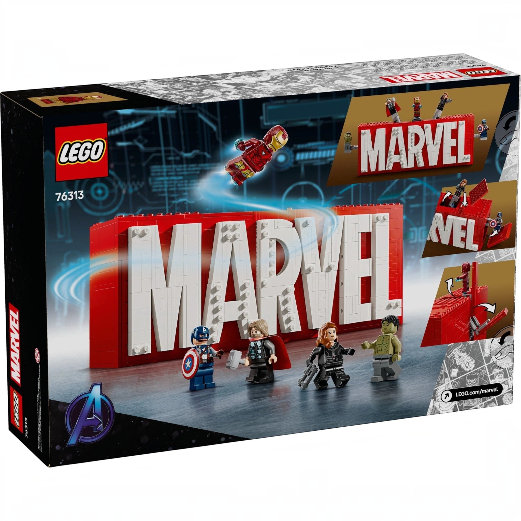 A Brick Apart LEGO Marvel Logo set 76313 featuring red and white bricks with Hulk, Thor, Iron Man, and Avengers figures