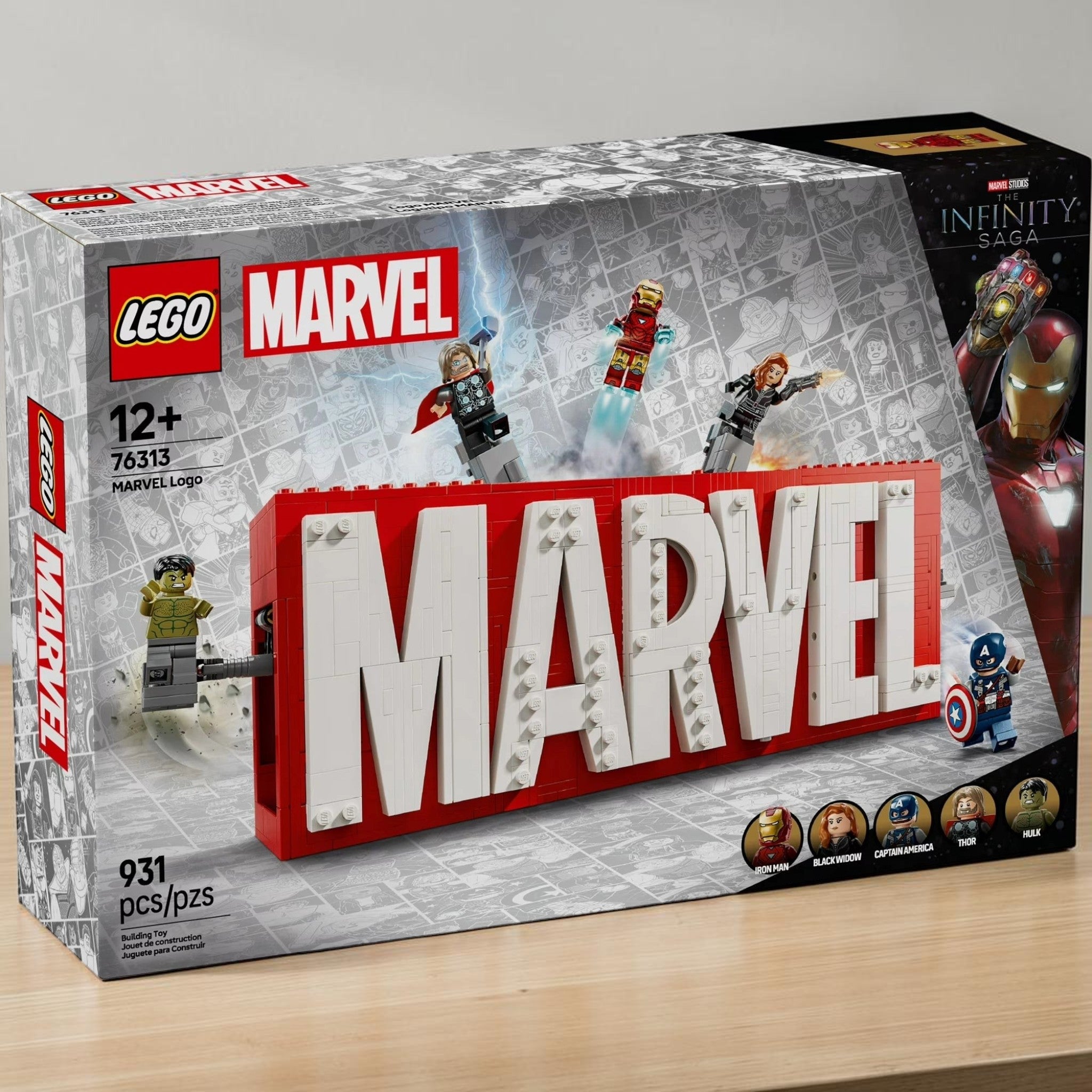 A Brick Apart LEGO Marvel Logo set box featuring the red and white logo with popping out Avengers minifigures.