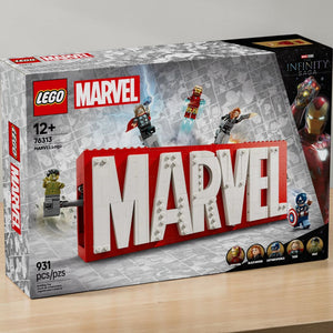 A Brick Apart LEGO Marvel Logo set box featuring the red and white logo with popping out Avengers minifigures.