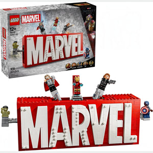 A Brick Apart LEGO Marvel Logo set featuring red and white bricks with Hulk, Thor, Iron Man, Black Widow, and Captain America minifigures.