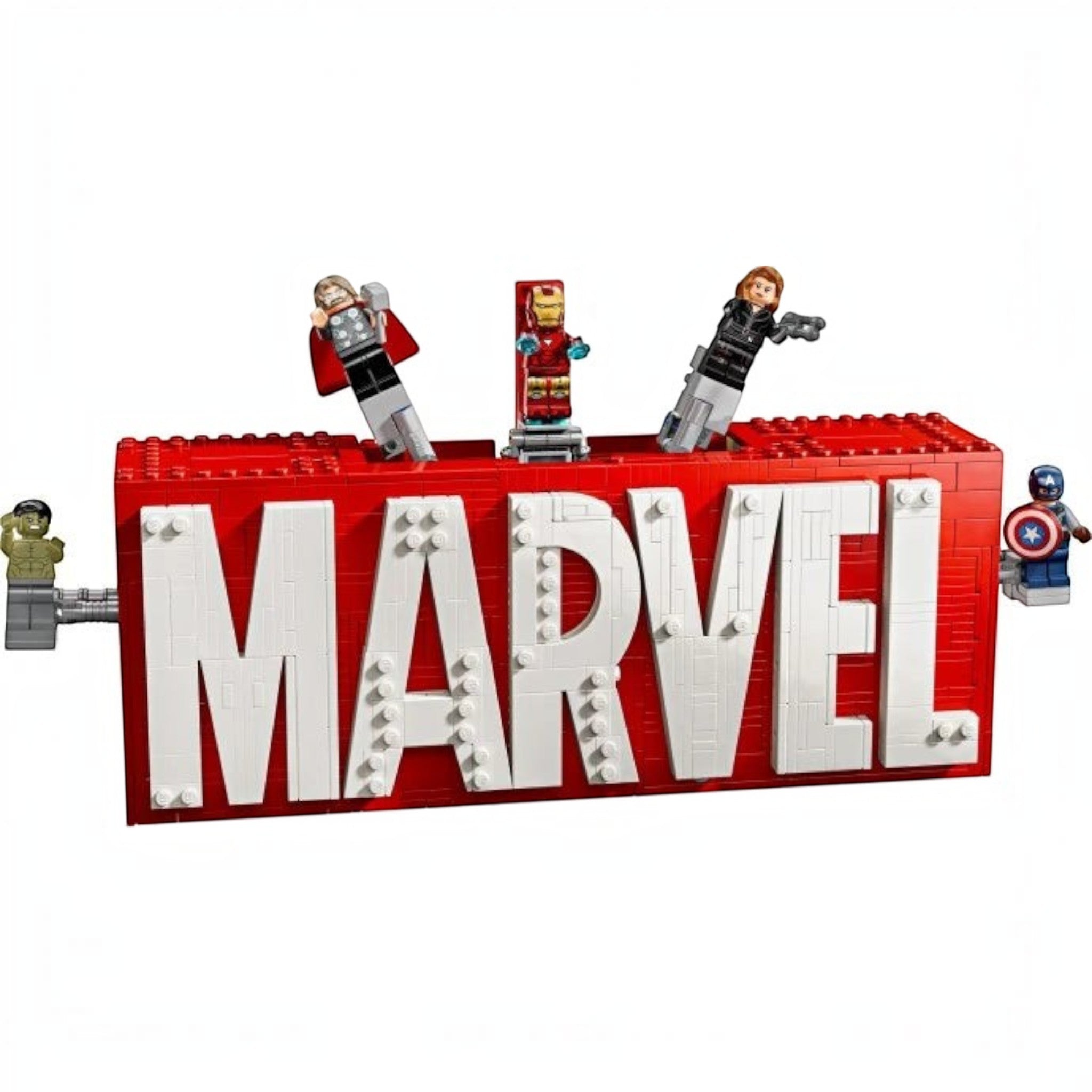 A Brick Apart LEGO Marvel logo display set with Hulk, Thor, Iron Man, Black Widow, and Captain America minifigures.
