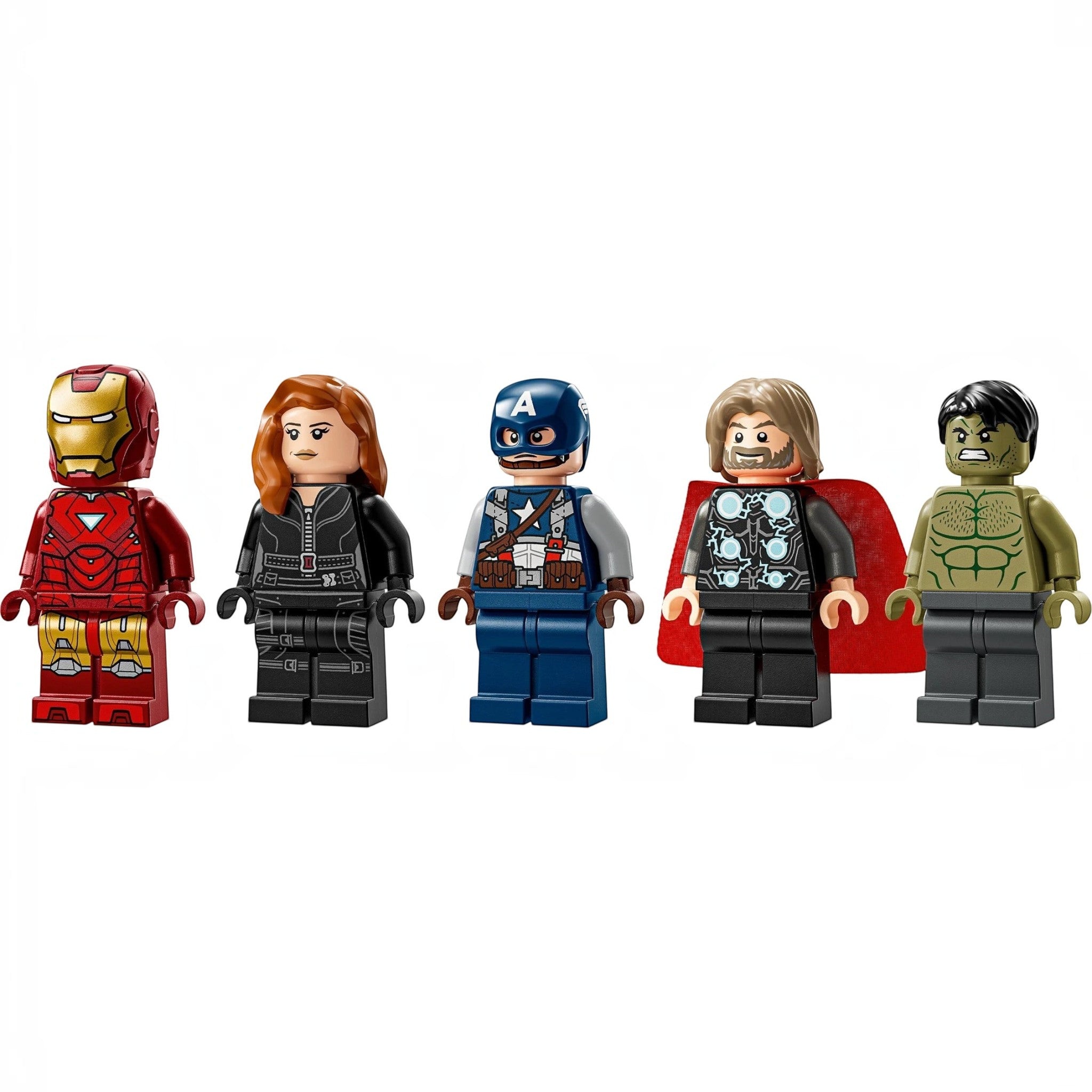 A Brick Apart LEGO Marvel minifigures including Iron Man, Black Widow, Captain America, Thor, and Hulk in a row.