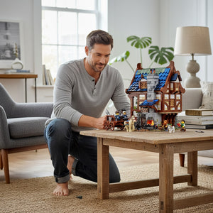 [lifestyle-person] A Brick Apart LEGO Ideas Medieval Blacksmith set displayed on a wooden coffee table with a man kneeling beside it.