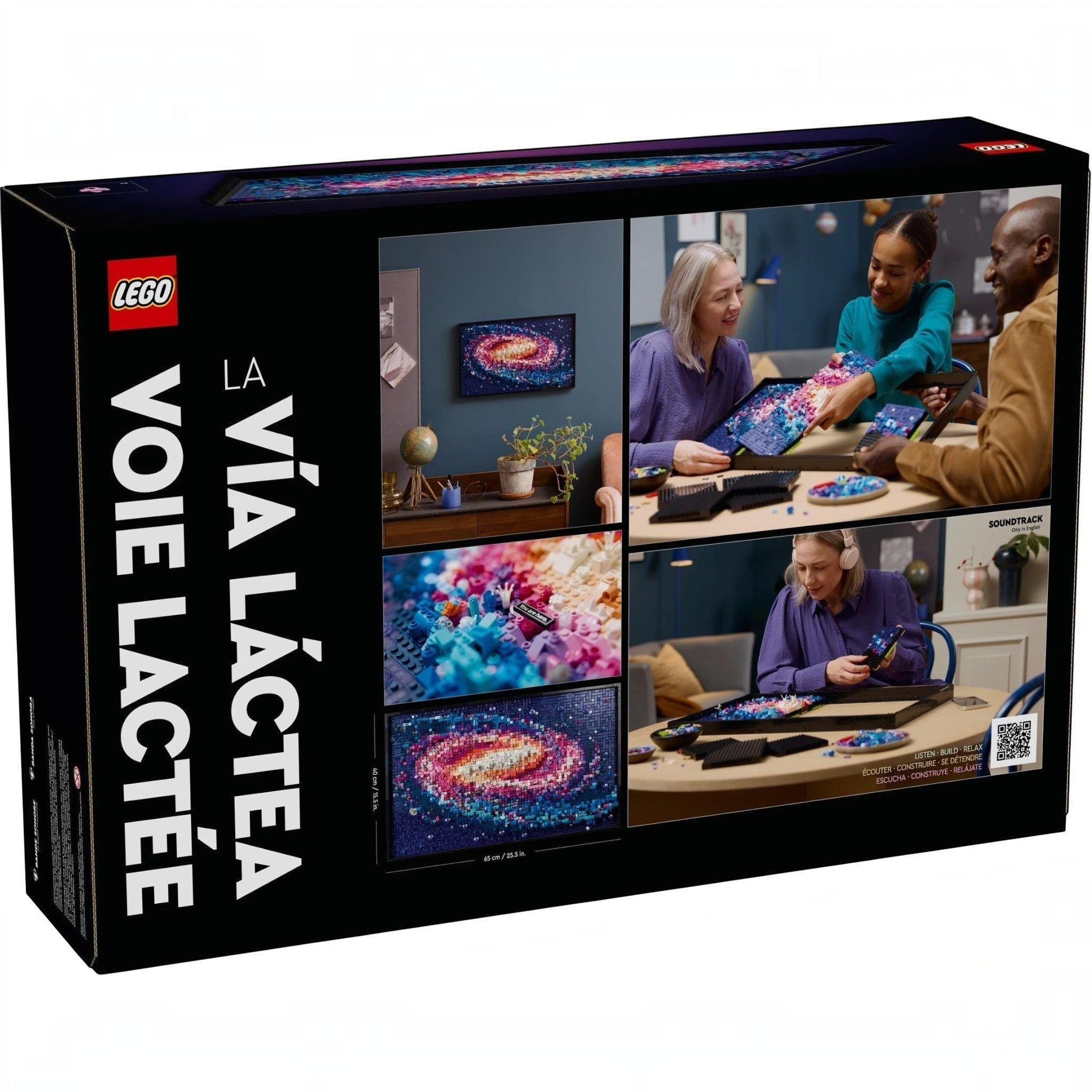 A Brick Apart LEGO Art The Milky Way Galaxy set box showing the 3D space-themed wall art and people building together.