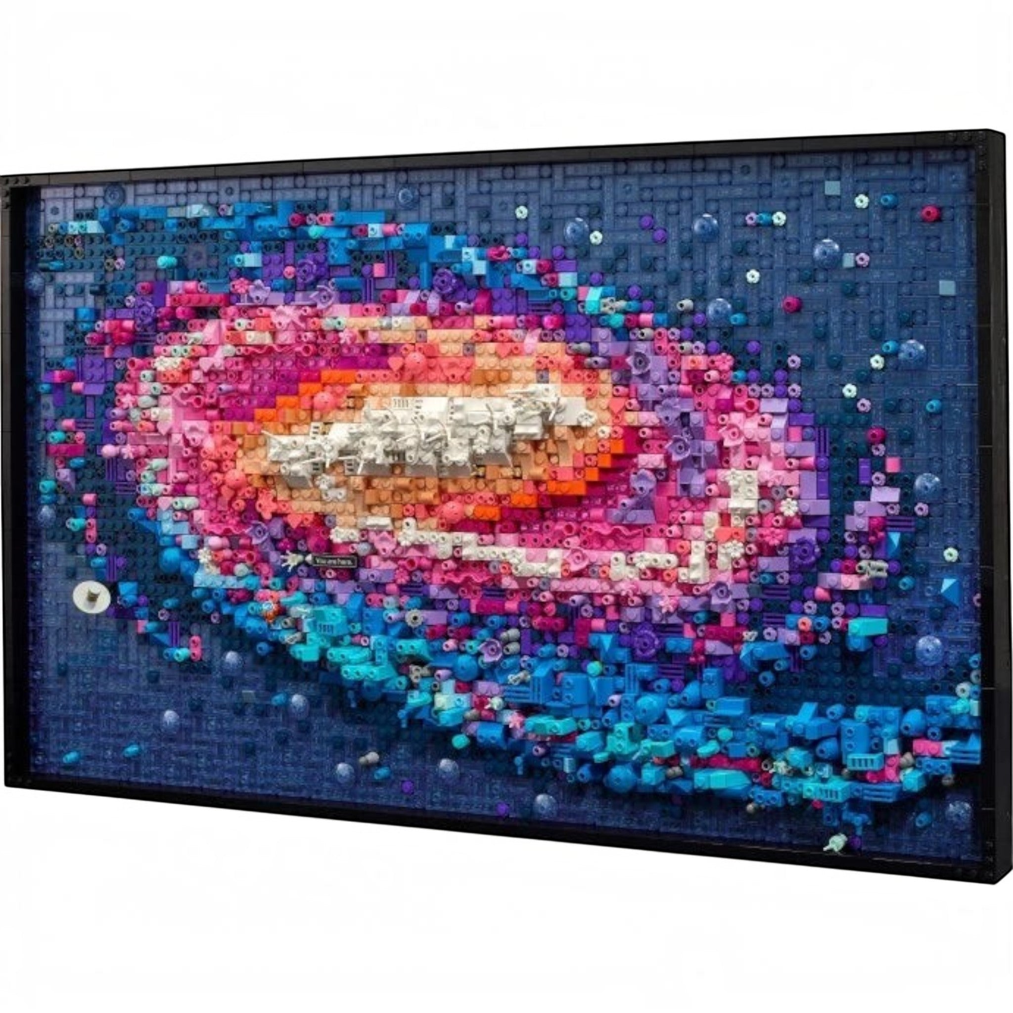A Brick Apart LEGO Art The Milky Way Galaxy wall art set featuring a vibrant 3D spiral galaxy design in a black frame.