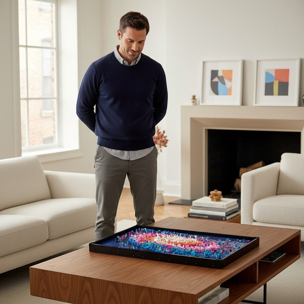 A Brick Apart LEGO Art The Milky Way Galaxy set displayed on a coffee table with a man admiring the 3D space art.