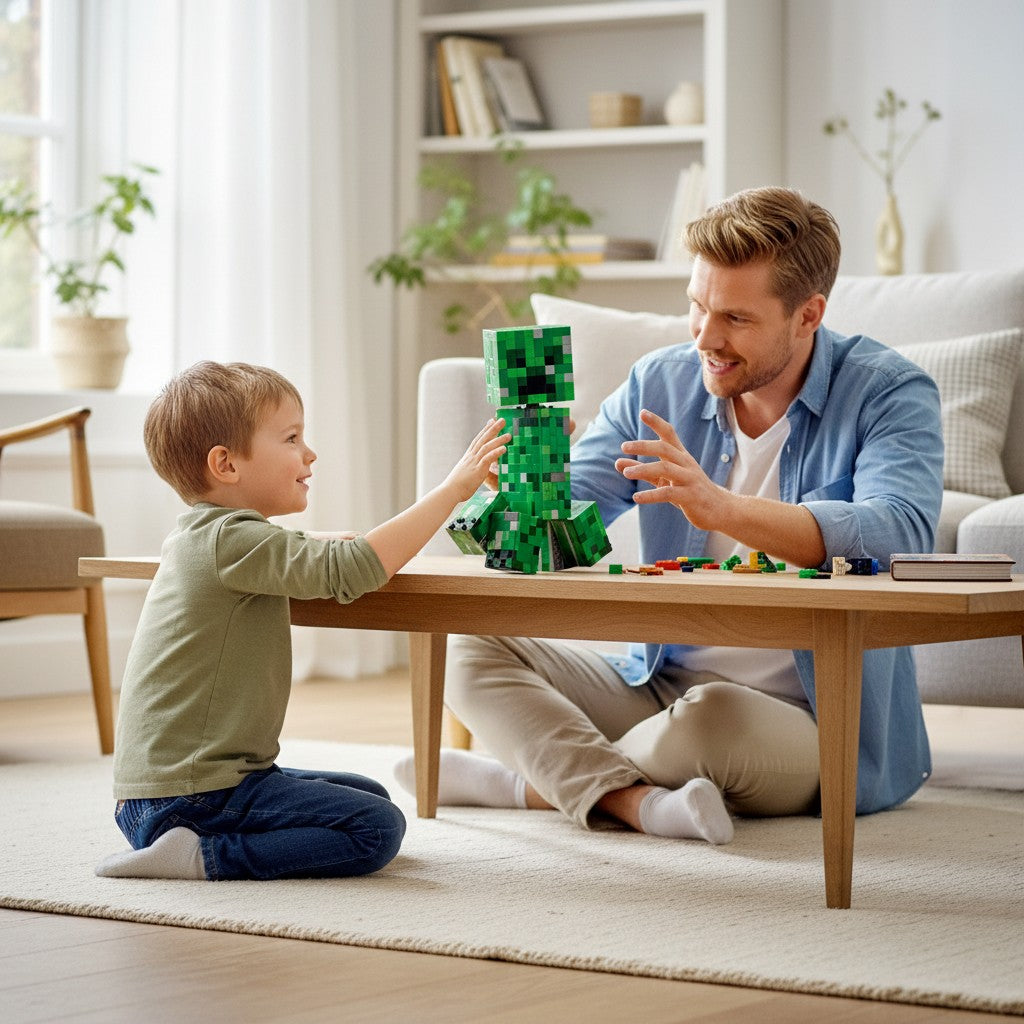 [lifestyle-person] A father and son playing with the A Brick Apart LEGO Minecraft The Creeper posable action figure in a bright living room