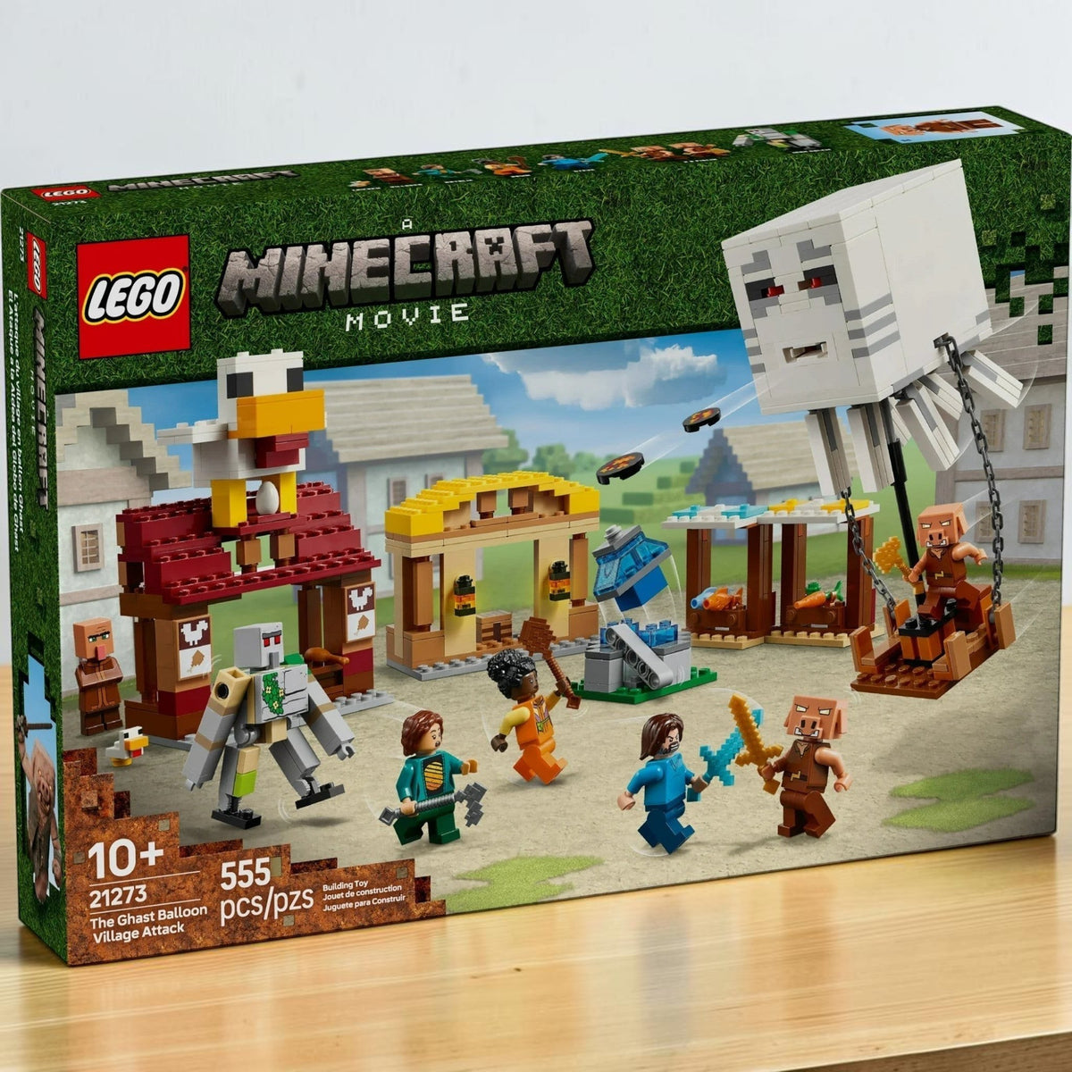 [lifestyle-shelf-box] A Brick Apart LEGO Minecraft The Ghast Balloon Village Attack set box featuring minifigures and a buildable ghast.