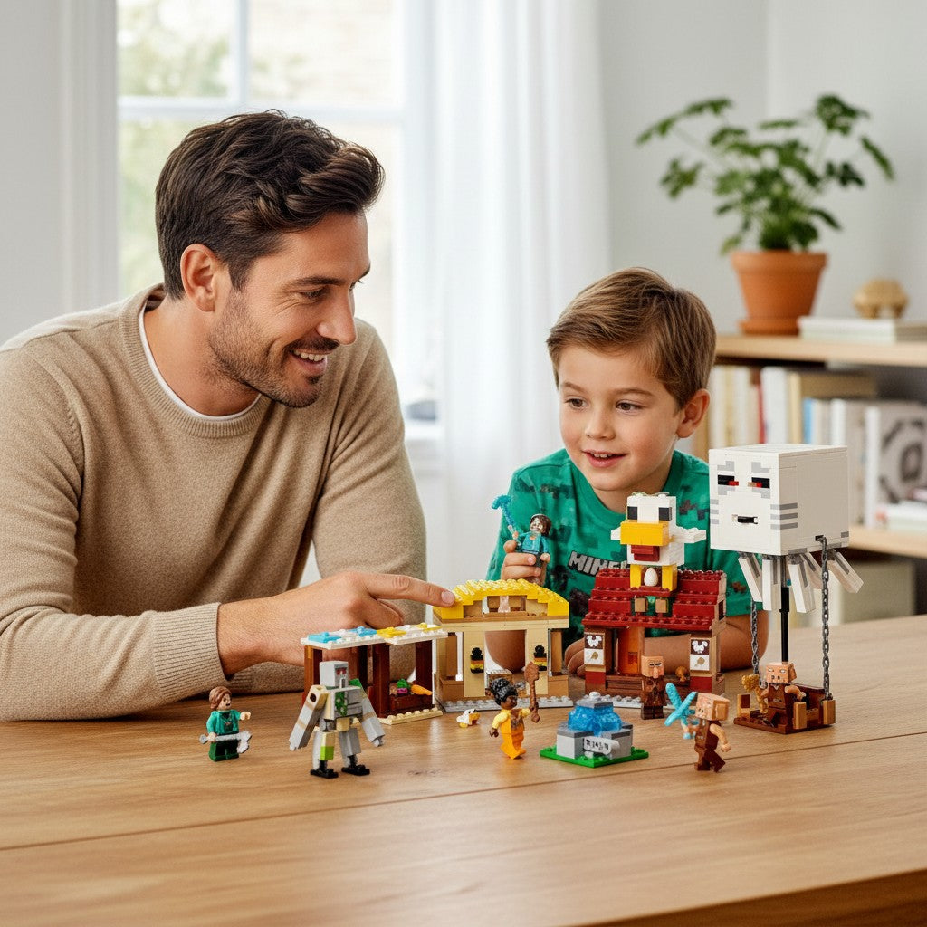 [lifestyle-person] A Brick Apart LEGO Minecraft The Ghast Balloon Village Attack set being built by a father and son at a wooden table.