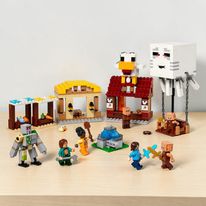 [lifestyle-shelf-built] A Brick Apart LEGO Minecraft The Ghast Balloon Village Attack set featuring minifigures, market stalls, and a ghast.