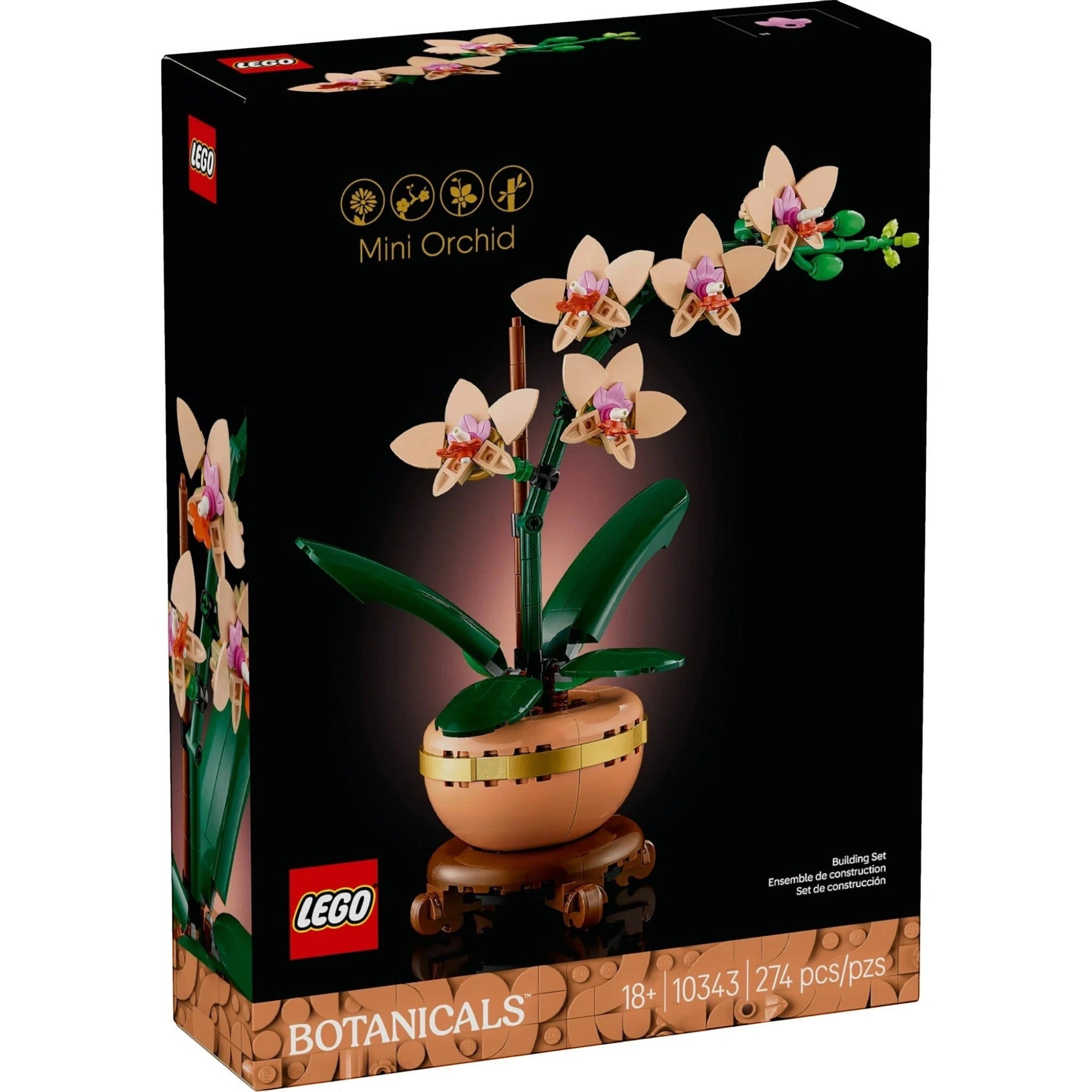 A Brick Apart LEGO Botanicals Mini Orchid building set box featuring a peach-colored flower in a terracotta pot.