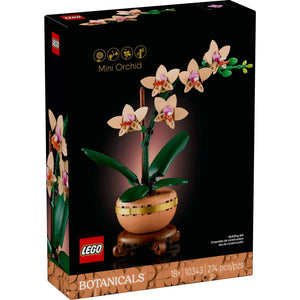 A Brick Apart LEGO Botanicals Mini Orchid building set box featuring a peach-colored flower in a terracotta pot.