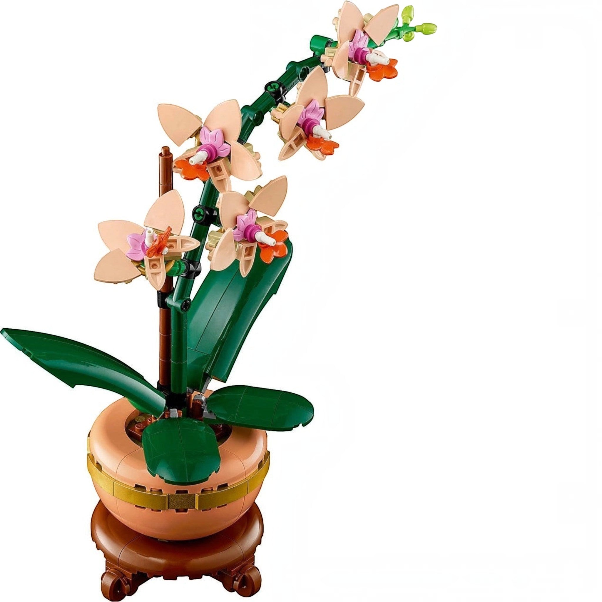 A Brick Apart LEGO Mini Orchid building set featuring peach flowers and green leaves in a terracotta pot on a plinth.