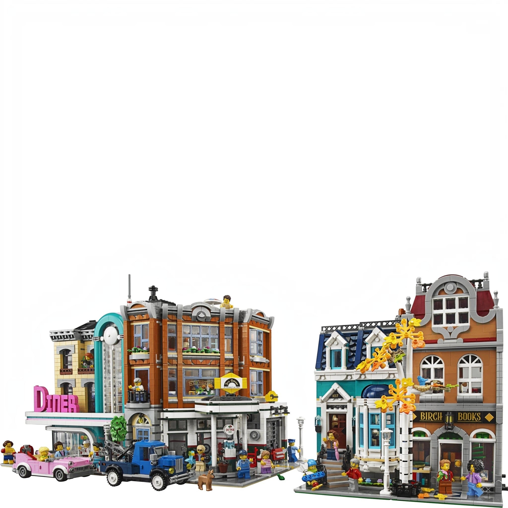 A Brick Apart LEGO Creator Expert Bookshop and Corner Garage modular building set with minifigures and vehicles.