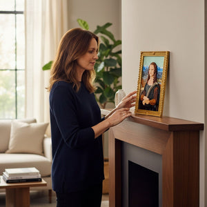 A Brick Apart LEGO Art Mona Lisa set in a gold frame displayed on a fireplace mantel by a woman in a navy sweater.