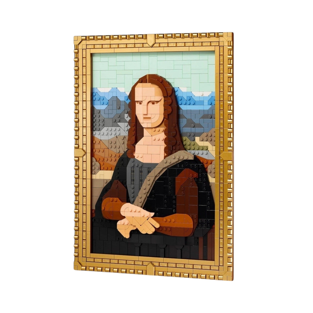 [built-white] A Brick Apart LEGO Art Mona Lisa set featuring a brick-built portrait in a detachable ornate gold-colored frame.