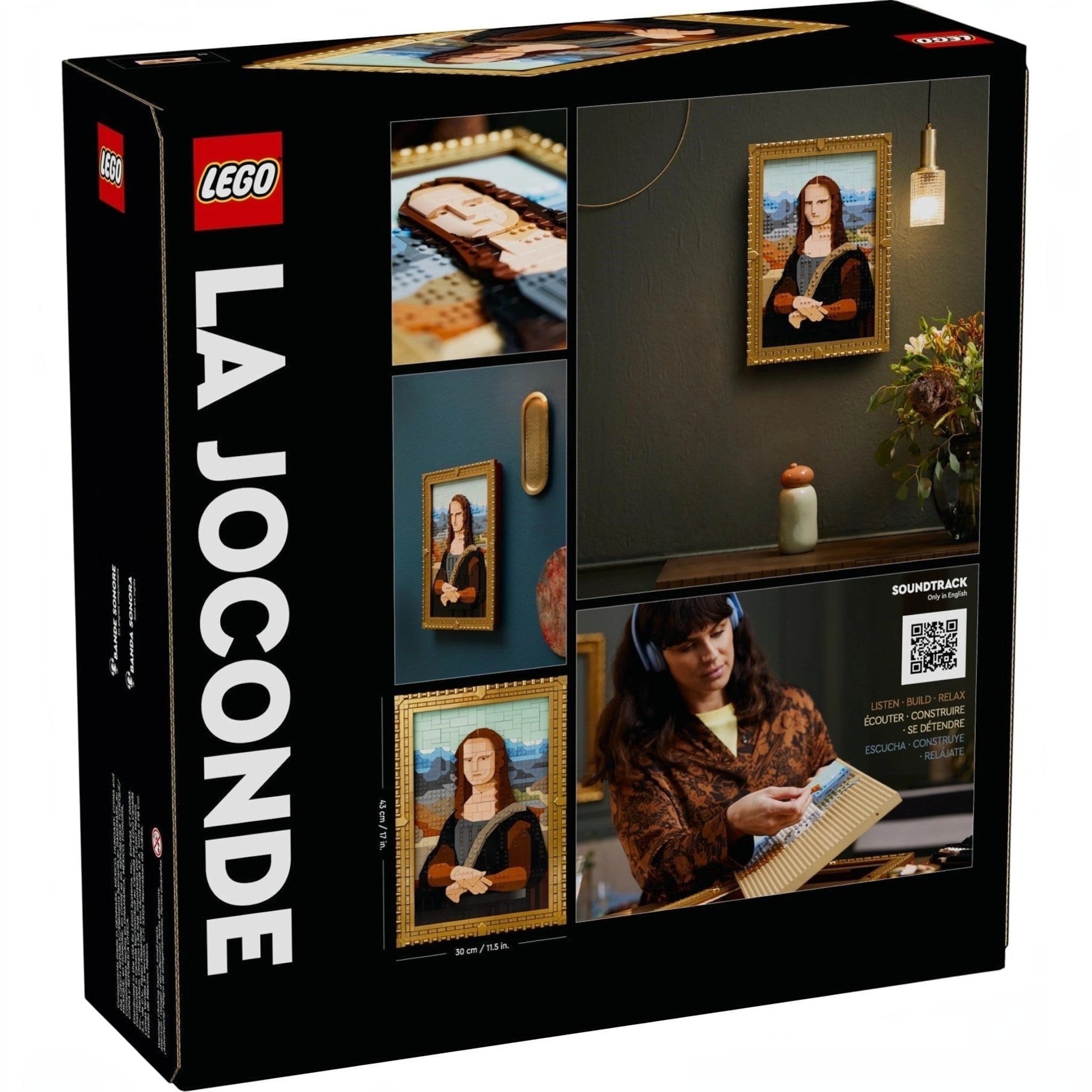 A Brick Apart LEGO Art Mona Lisa building set box showing the brick-built painting in a gold frame and a person building