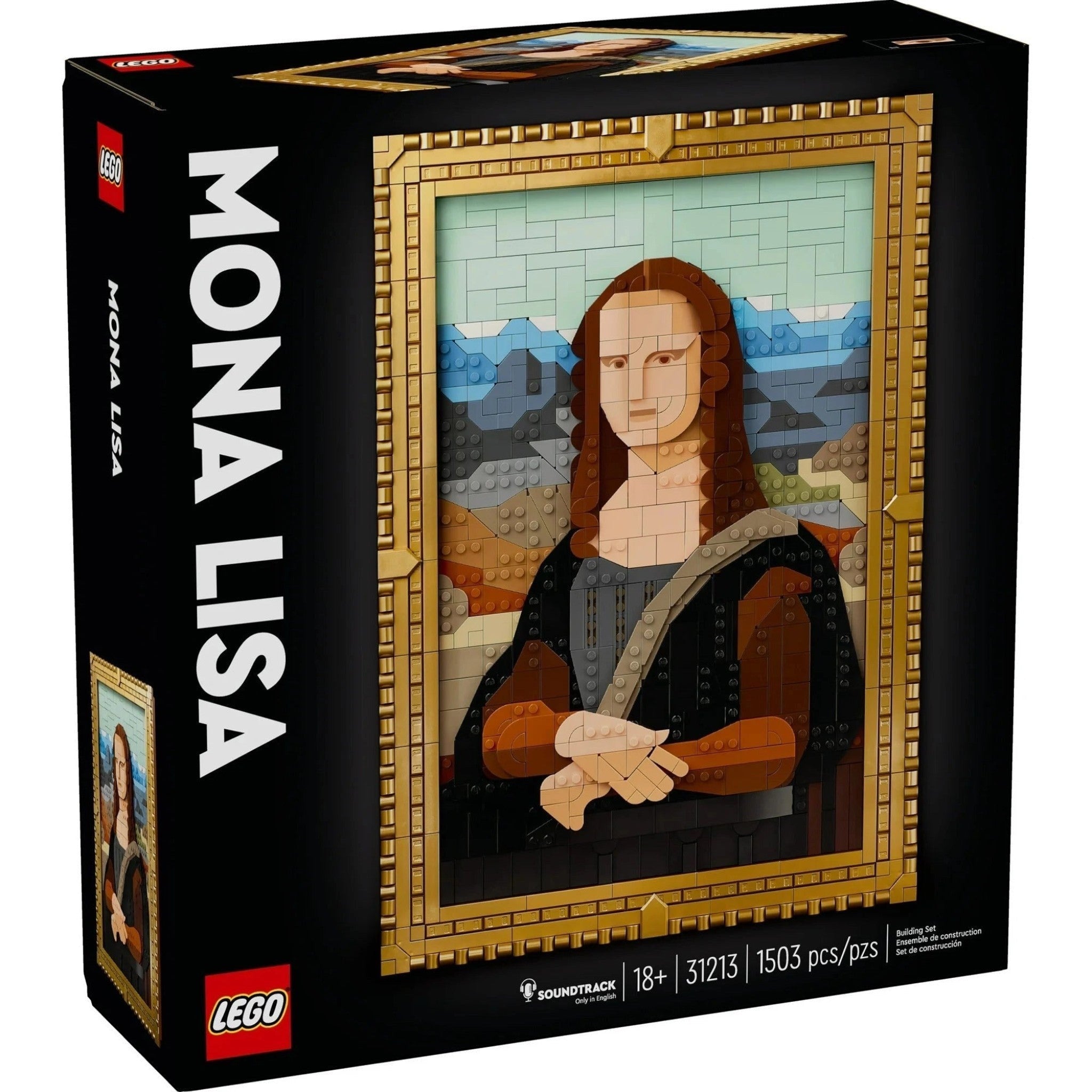 A Brick Apart LEGO Art Mona Lisa building set featuring a brick-built painting in a gold frame on a black box.