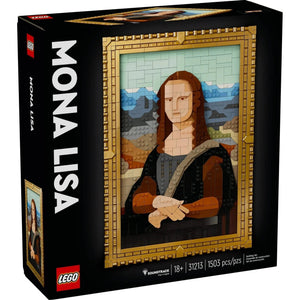 A Brick Apart LEGO Art Mona Lisa building set featuring a brick-built painting in a gold frame on a black box.