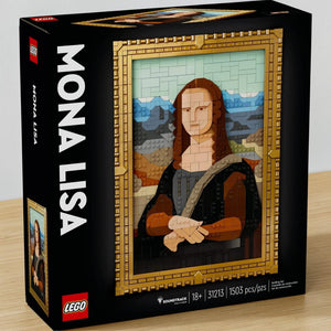 A Brick Apart LEGO Art Mona Lisa building set box featuring a brick-built portrait in a gold frame.