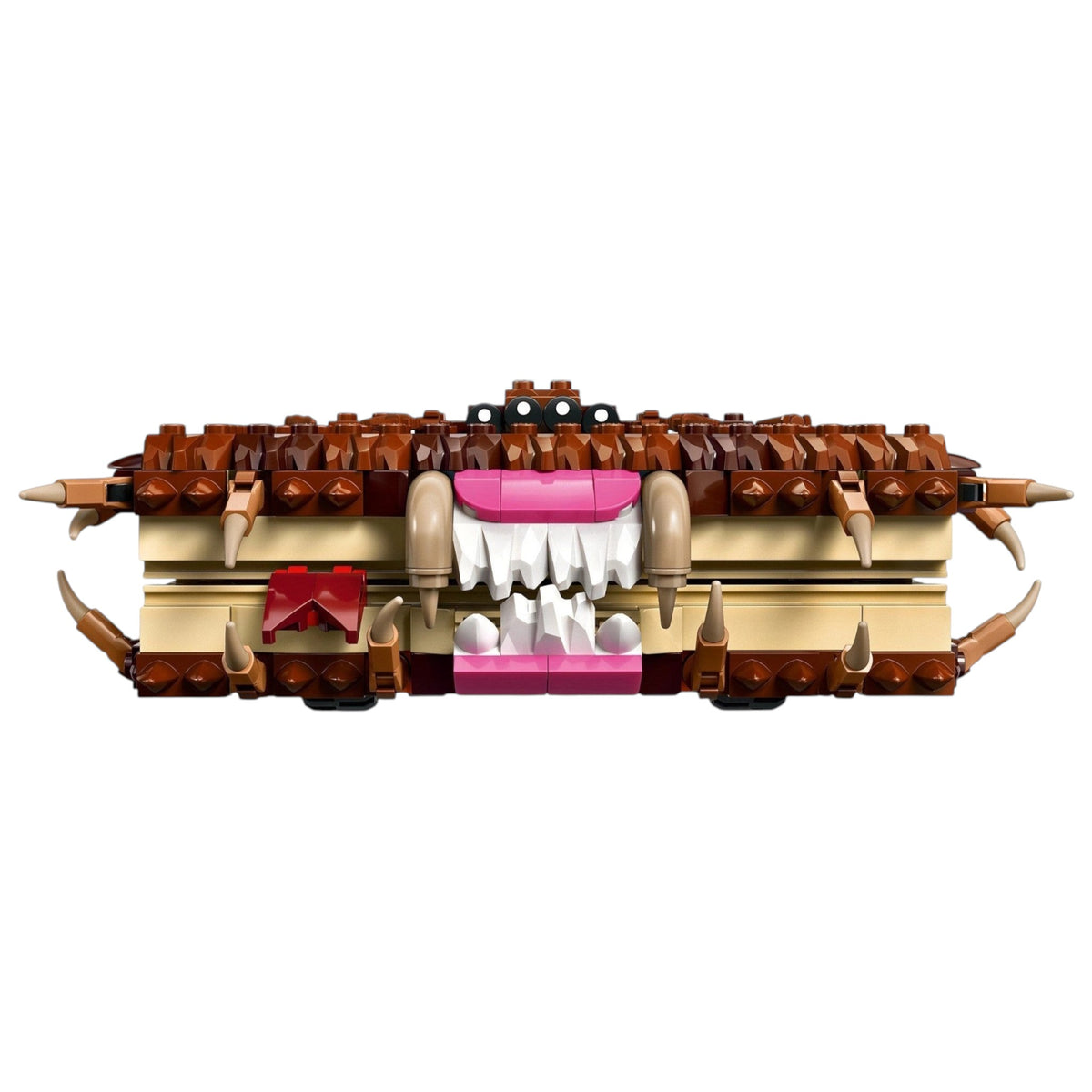 [built-detail] A Brick Apart LEGO Harry Potter Monster Book of Monsters with brown textured cover, sharp fangs, and pink tongue.