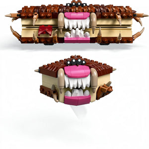 A Brick Apart LEGO Harry Potter Monster Book of Monsters with brown textured cover, sharp fangs, and pink tongue.