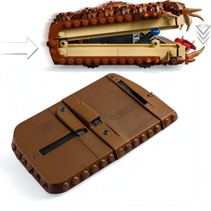 A Brick Apart LEGO Harry Potter Monster Book of Monsters showing the brown brick-built book closed and in chomping action