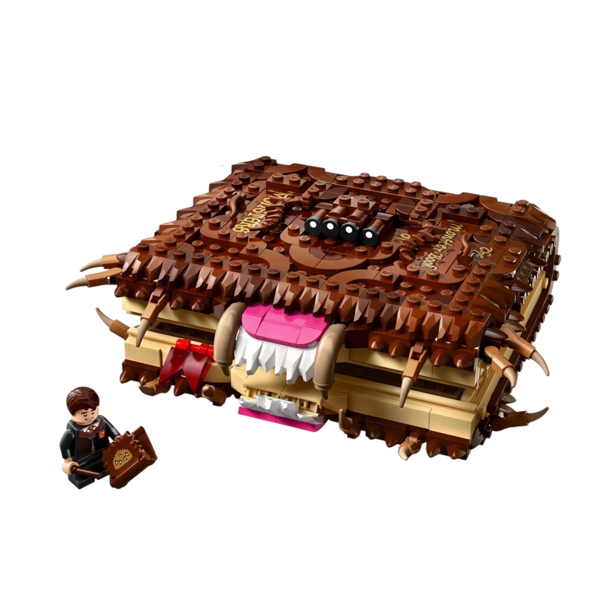 A Brick Apart LEGO Harry Potter Monster Book of Monsters set with a Neville Longbottom minifigure on a black background