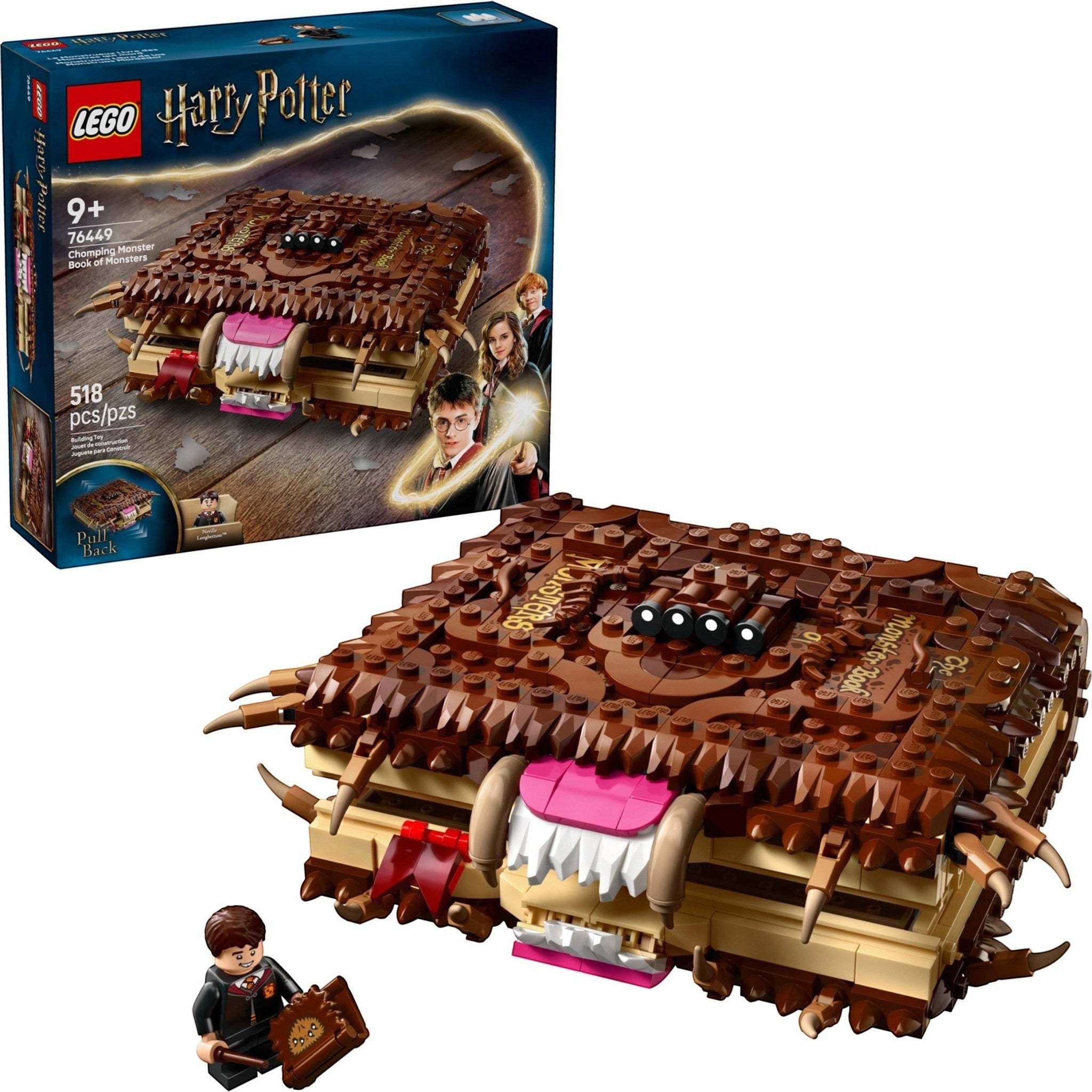 A Brick Apart LEGO Harry Potter Monster Book of Monsters set with a Neville Longbottom minifigure and display box.