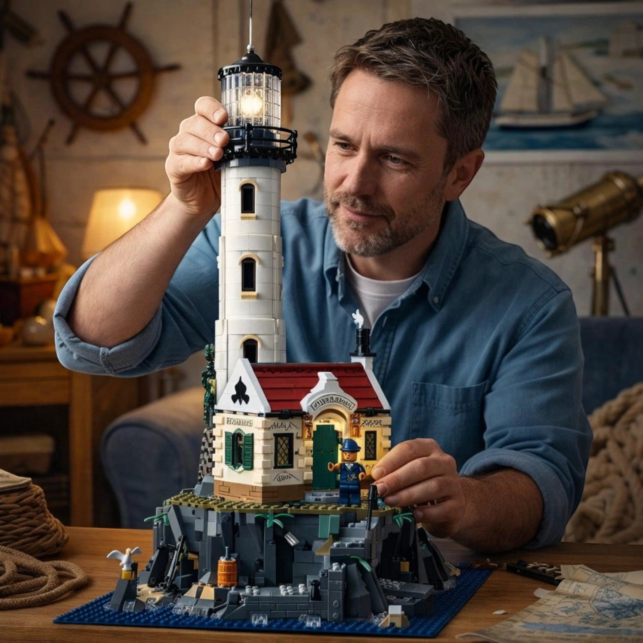 A Brick Apart LEGO Ideas Motorised Lighthouse set being assembled by a man, featuring a rotating light and cottage.