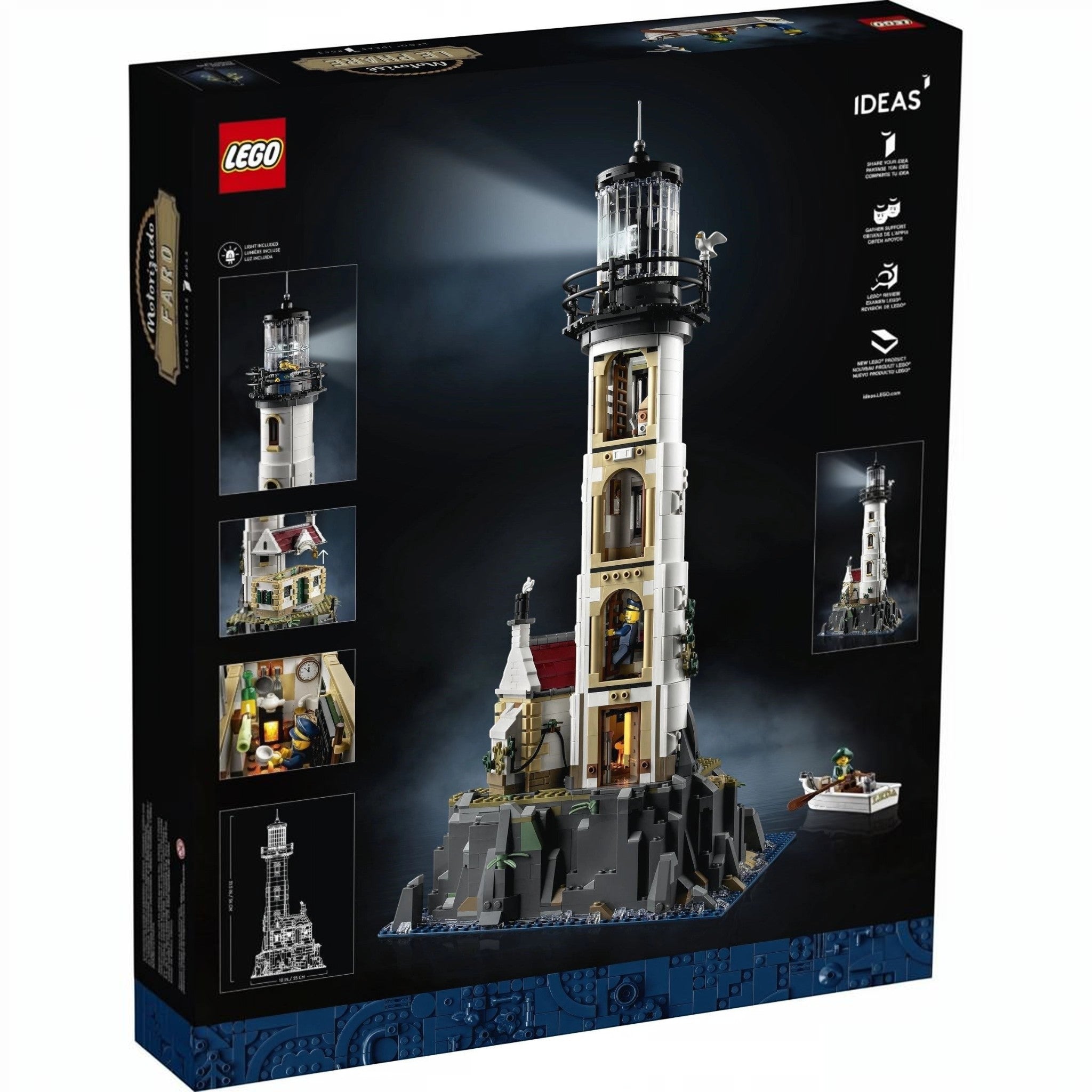 A Brick Apart LEGO Ideas Motorised Lighthouse set box showing the tall tower, cottage, and rotating light feature.