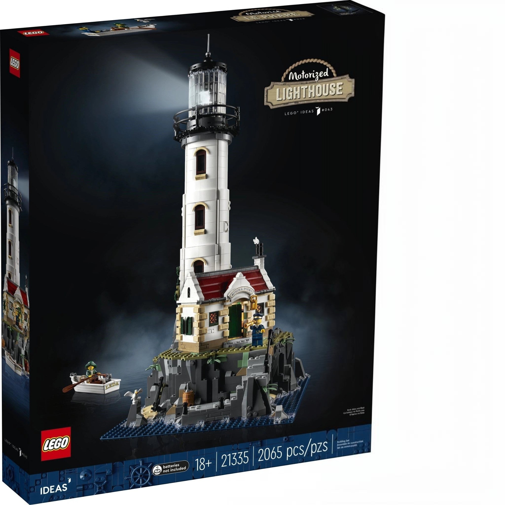 A Brick Apart LEGO Ideas Motorised Lighthouse set box featuring a detailed lighthouse model on a rocky island base.