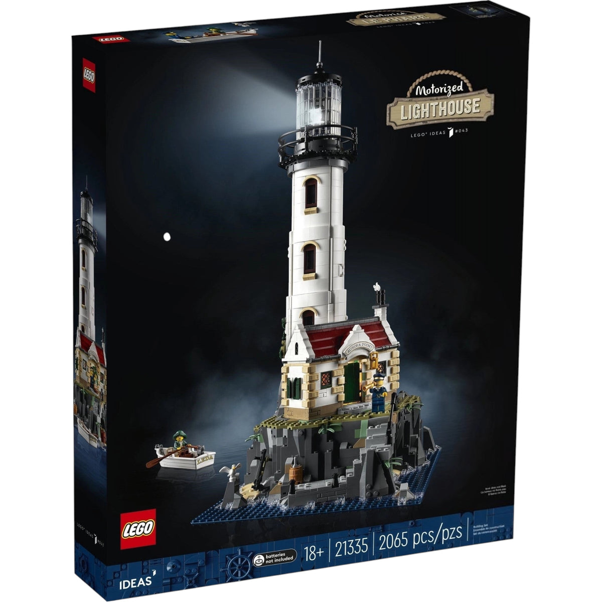 [box-front] A Brick Apart LEGO Ideas Motorised Lighthouse set box featuring a detailed lighthouse model on a rocky island base.