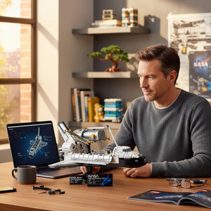 A Brick Apart adult building the LEGO NASA Space Shuttle Discovery model with the Hubble Telescope on a desk.