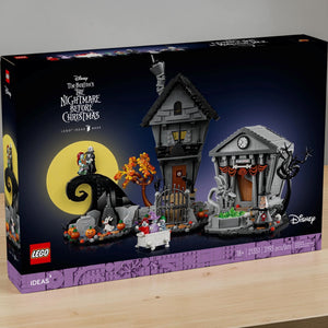 [lifestyle-shelf-box] A Brick Apart LEGO Ideas Nightmare Before Christmas set featuring Spiral Hill, Jack's house, and Town Hall diorama.
