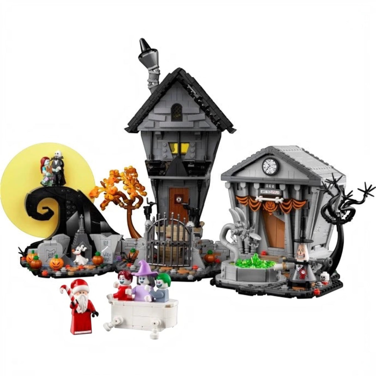 [built-white] A Brick Apart LEGO Ideas Disney The Nightmare Before Christmas diorama set featuring Spiral Hill, Jack's house, and Town Hall.