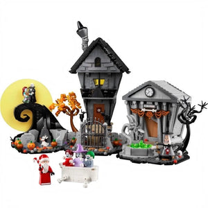 [built-white] A Brick Apart LEGO Ideas Disney The Nightmare Before Christmas diorama set featuring Spiral Hill, Jack's house, and Town Hall.