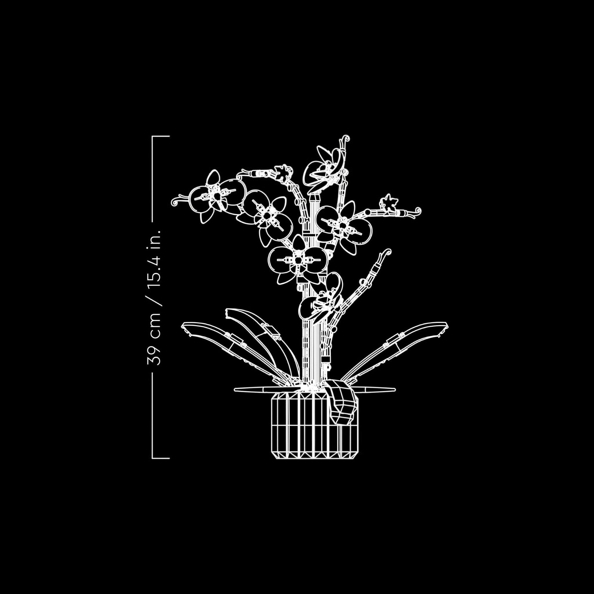 A Brick Apart LEGO Icons Orchid set diagram showing white and pink flowers in a blue fluted vase with 39cm height