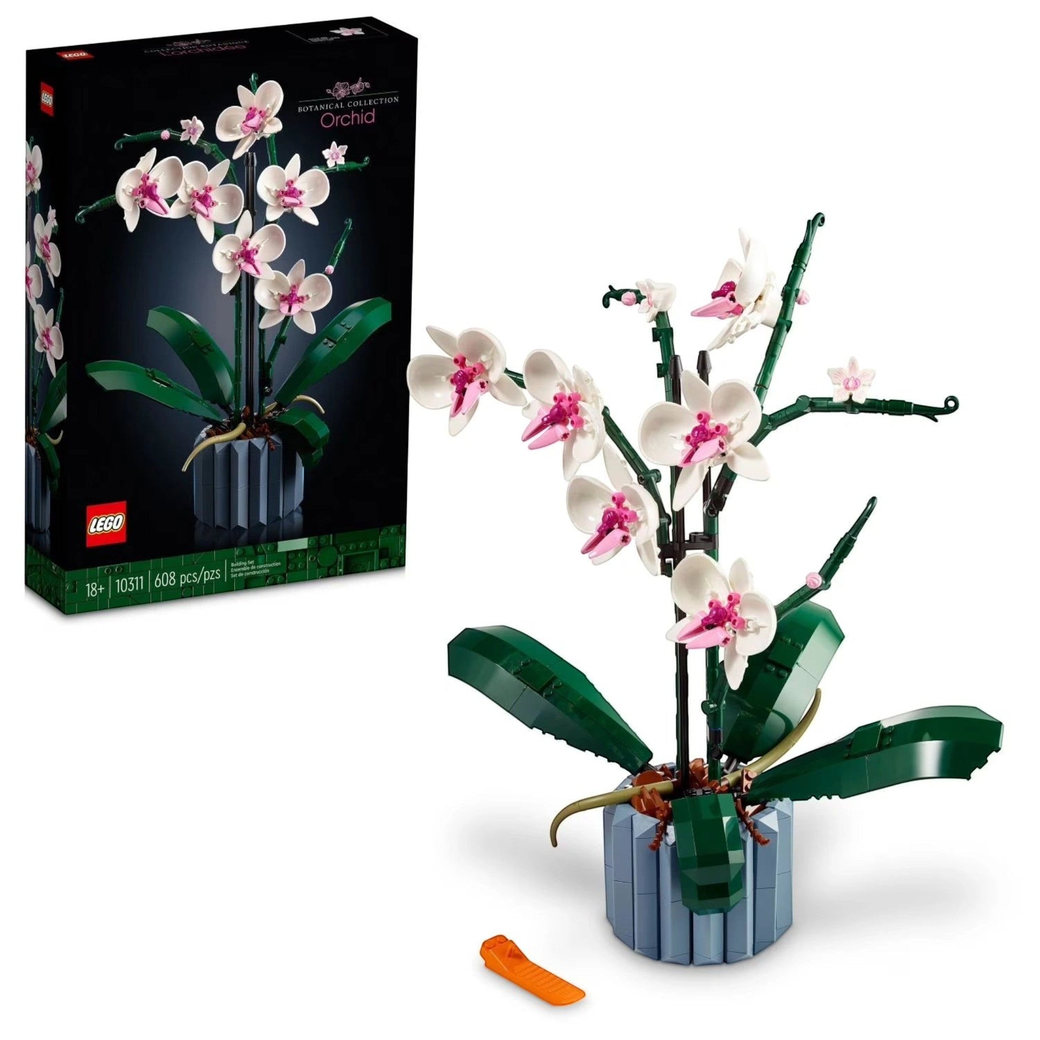 A Brick Apart LEGO Icons Orchid set featuring white and pink flowers in a blue fluted vase with green leaves.