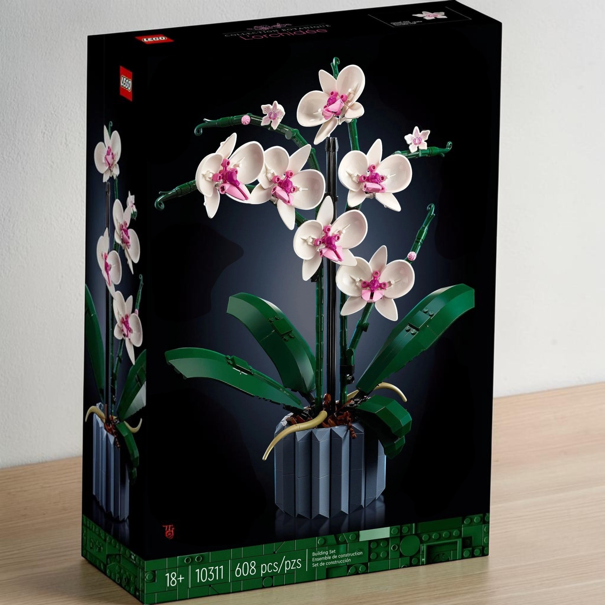 A Brick Apart LEGO Icons Orchid building set box featuring a white and pink flower model in a blue fluted vase.