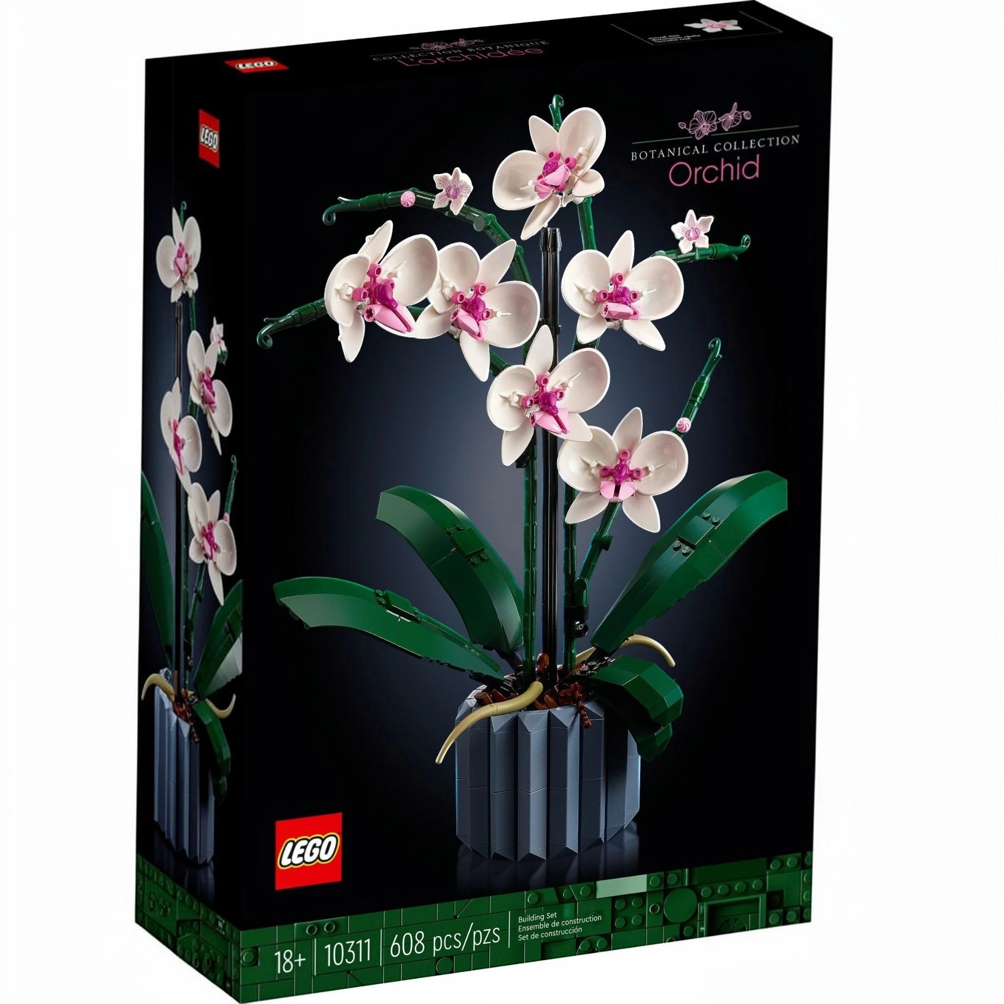 A Brick Apart LEGO Icons Orchid set box featuring a white and pink flower model in a blue fluted vase.