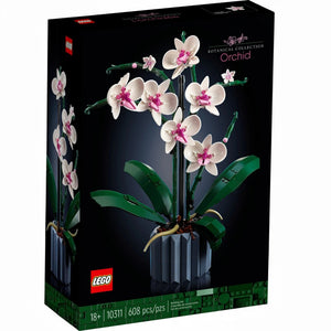 A Brick Apart LEGO Icons Orchid set box featuring a white and pink flower model in a blue fluted vase.