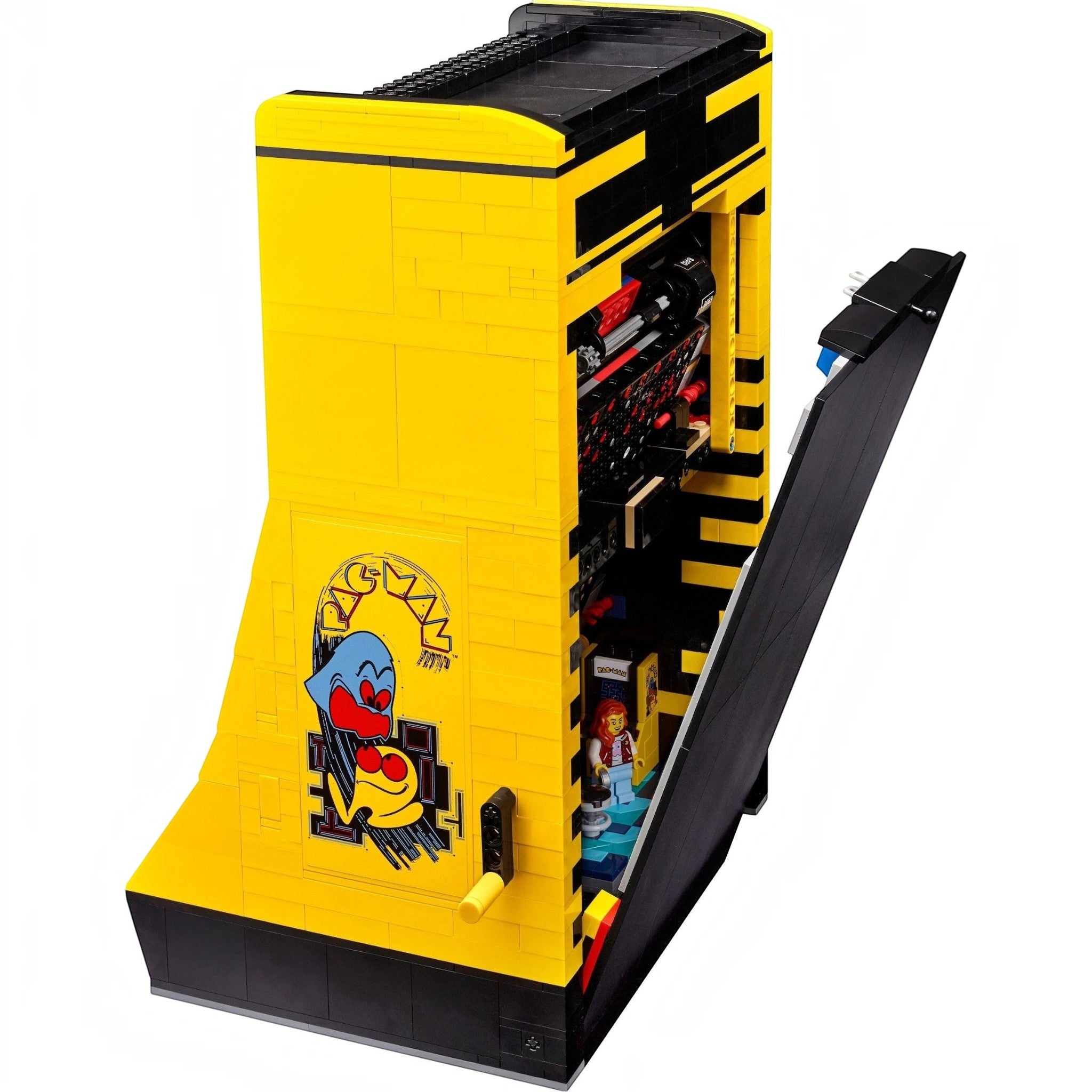 A Brick Apart LEGO Icons PAC-MAN Arcade cabinet with an open back panel revealing internal mechanical maze details.