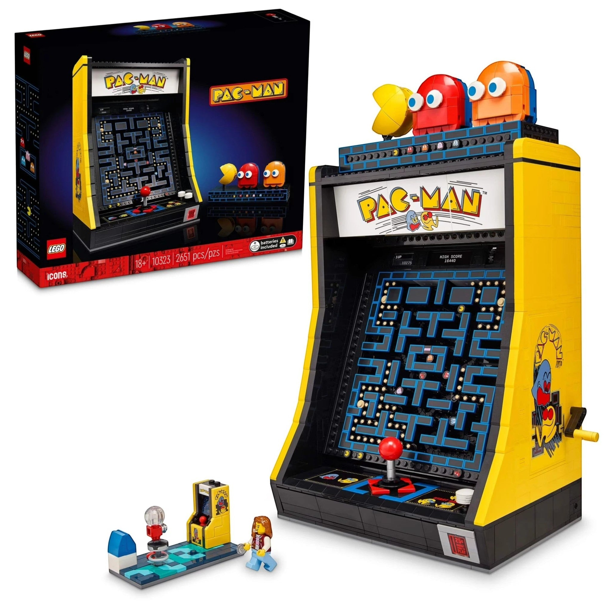 A Brick Apart LEGO Icons PAC-MAN arcade cabinet model with a mechanical maze, joystick, and retro gaming figures.