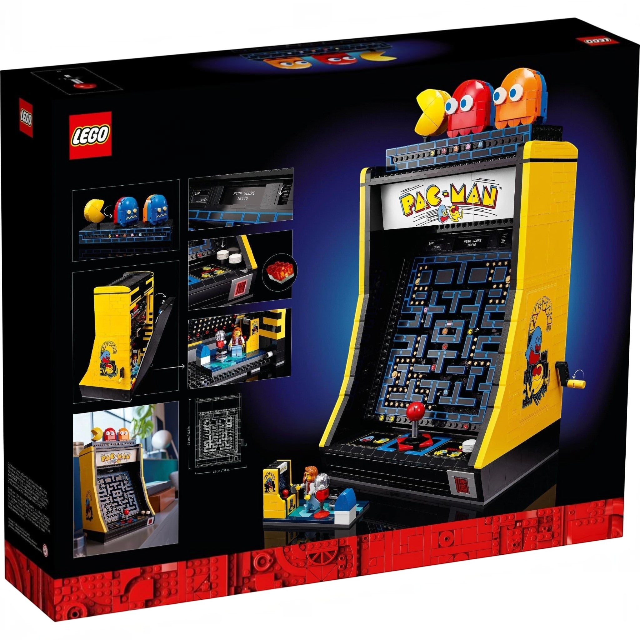 A Brick Apart LEGO Icons PAC-MAN Arcade cabinet building set box showing the retro 1980s game model and features.